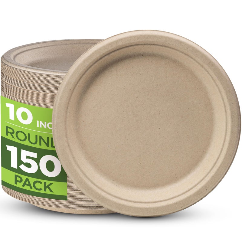 100 Compostable Paper Plates 150 Pack 10 Inch Heavy Duty Biodegradable Microwavable Disposable Brown Dinner Plates Made of EcoFriendly Natural Unbleached Sugarcane Bagasse